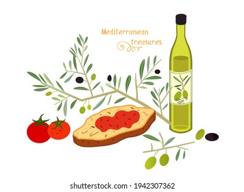 Mediterranean Breakfast. Mediterranean Diet. Mediterranean Treasures. Healthy Breakfast. Breakfast Time. Olive Oil And Toast. Olive Oil And Tomato Toast. Olive Branch And Olives.