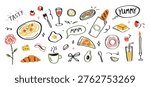 Mediterranean breakfast doodle set. Hand drawn food collection with coffee, pastry and brunch elements. Vector illustration isolated