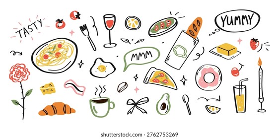 Mediterranean breakfast doodle set. Hand drawn food collection with coffee, pastry and brunch elements. Vector illustration isolated