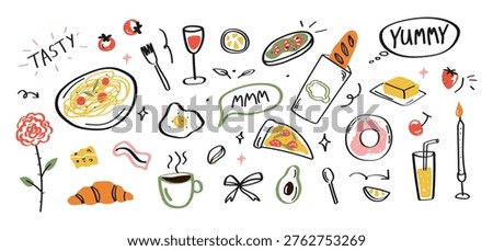 Mediterranean breakfast doodle set. Hand drawn food collection with coffee, pastry and brunch elements. Vector illustration isolated