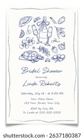 Mediterranean bridal shower invitation card with pencil drawn cuisine. Elegant blue ink pen drawing of food and drink. Greeting card for Italian wedding. Champagne, oyster and pie. Vector illustration
