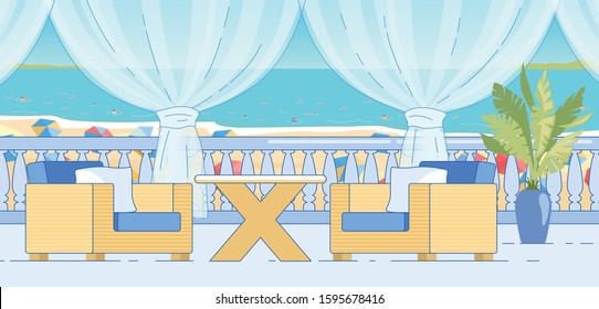 Mediterranean Cafe Interior. Table and Chairs on Open Terrace with Balustrade at Beach. Empty Hotel Restaurant or Cafeteria Patio with Sea View Vector Illustration. Travel Tourism Vacation Resort