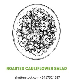 Mediterranean cauliflower salad hand drawn sketch. Top view. Vegan food. Vector illustration.