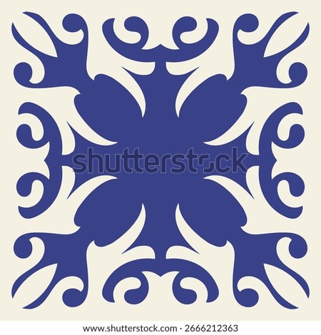 Mediterranean ceramic blue seamless tile pattern, tamplate of square stamp, carving template, rotational symmetry, arabic style, isolated on white background