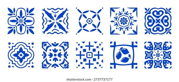 Mediterranean ceramic tile pattern with blue Amalfi lemons and white mosaic ornaments. Seamless Italian design with traditional Sicilian fruit, summer sun icons, and vintage Positano aesthetic.