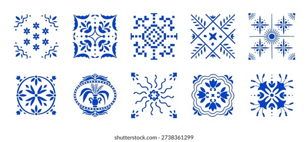 Mediterranean ceramic tile pattern. Blue Amalfi ornaments mosaic textures. Seamless Italian design. Traditional Portuguese azulejo elements, summer sun icons and vintage Positano coast aesthetic.