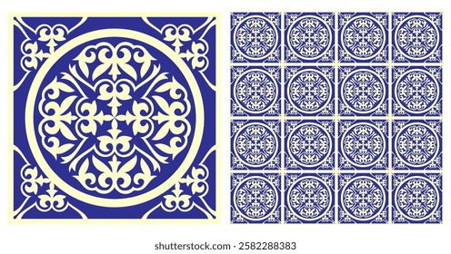 Mediterranean ceramic tile pattern. Seamless Azulejo tile. Portuguese, Sicilian, Spanish tile traditional design. For wrapping paper, wallpaper, fabric, textile. Islam, Arabic, Indian, Ottoman motif. 