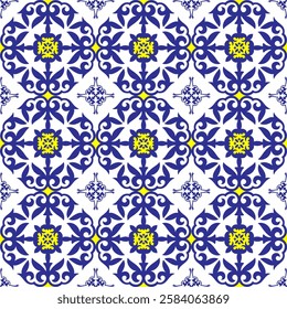 Mediterranean ceramic tile patterns in blue, white, yellow. Moroccan azulejo pattern, majolica tile,Talavera, Damask. Traditional Portuguese and Spain decor. Mediterranean ceramic, patchwork, linoleum