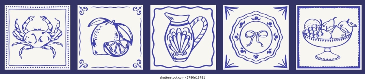 Mediterranean ceramic tile set with blue line crab, citrus, pitcher, plate and fruit bowl motifs, ideal for kitchen backsplash, packaging, menus, textiles and coastal restaurant branding.