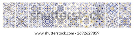 Mediterranean ceramic tile set, border. Blue yellow seamless patterns, no background. Spanish, Sicilian, Portuguese, Italian traditional ornaments. Floral ethnic motifs, mosaic square designs. Vector
