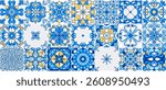 Mediterranean ceramic tiles seamless pattern. Azulejo arabesque. Portuguese, Spanish, Turkish, Indian, Islamic, Arabic decor. Geometrical and floral traditional national ornament. Vector illustration.
