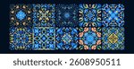 Mediterranean ceramic tiles seamless pattern. Azulejo arabesque. Portuguese, Spanish, Turkish, Indian, Islamic, Arabic decor. Geometrical and floral traditional national ornament. Vector illustration.