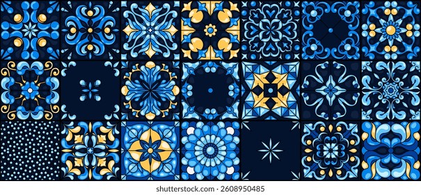 Mediterranean ceramic tiles seamless pattern. Azulejo arabesque. Portuguese, Spanish, Turkish, Indian, Islamic, Arabic decor. Geometrical and floral traditional national ornament. Vector illustration.