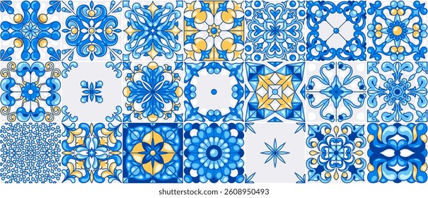 Mediterranean ceramic tiles seamless pattern. Azulejo arabesque. Portuguese, Spanish, Turkish, Indian, Islamic, Arabic decor. Geometrical and floral traditional national ornament. Vector illustration.