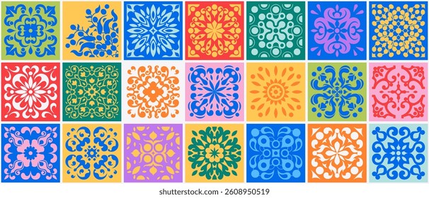 Mediterranean ceramic tiles seamless pattern. Azulejo arabesque. Portuguese, Spanish, Turkish, Indian, Islamic, Arabic decor. Geometrical and floral traditional national ornament. Vector illustration.