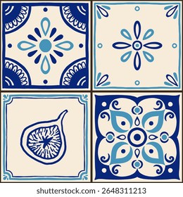 Mediterranean ceramic tiles seamless pattern. Azulejo arabesque. Portuguese, Spanish, Turkish, Indian, Islamic, Arabic decor. Geometrical and floral traditional national ornament. Vector illustration.
