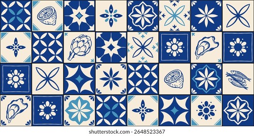 Mediterranean ceramic tiles seamless pattern. Azulejo arabesque. Portuguese, Spanish, Turkish, Indian, Islamic, Arabic decor. Geometrical and floral traditional national ornament. Vector illustration.