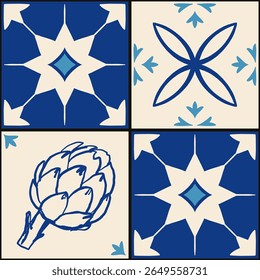 Mediterranean ceramic tiles seamless pattern. Azulejo arabesque. Portuguese, Spanish, Turkish, Indian, Islamic, Arabic decor. Geometrical and floral traditional national ornament. Vector illustration.
