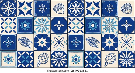 azulejos de cerâmica mediterrânica padrão sem costura. Azulejo arabesco. português, espanhol, turco, indiano, islâmico, decoração árabe. Ornamento nacional tradicional geométrico e floral. Ilustração vetorial.