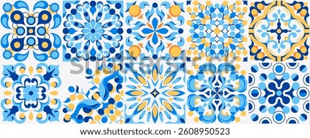 Mediterranean ceramic tiles seamless pattern. Azulejo arabesque. Portuguese, Spanish, Turkish, Indian, Islamic, Arabic decor. Geometrical and floral traditional national ornament. Vector illustration.
