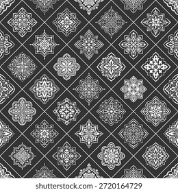 Mittelmeerkariertes nahtloses Muster mit Azulejo-, Talavera- oder Majolika-ethnisch weißen Motiven auf schwarzem Hintergrund. Portugiesisch, Marokkanisch, Sizilianisch, Spanisch Kachel. Blumenmosaik. Vektorgrafik