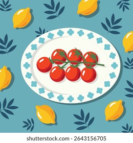Mediterranean cherry tomatoes and lemons flat lay illustration. Colorful tomato and lemon still life on blue background. Italian style tomato and lemon design with ceramic plate