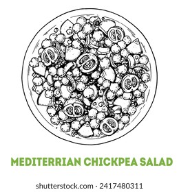 Mediterranean chickpea salad hand drawn sketch. Top view. Vegan food. Vector illustration.