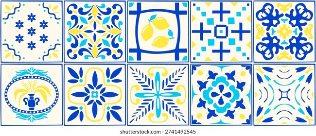 Mediterranean citrus pattern with blue amalfi tiles and yellow lemon fruit. Italian mosaic mural with nautical lisbon textures, moroccan geometric ornaments, and coastal town ribbon label design.