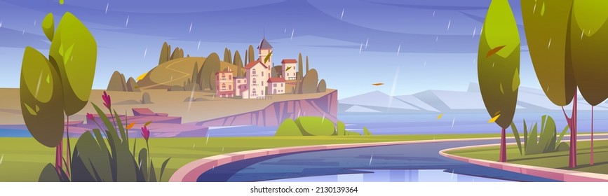 Mediterranean city on hill in sea harbor in rain. Vector cartoon illustration of summer landscape with town on island, road, green grass and trees at rainy weather