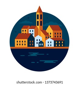 Mediterranean city vector illustration. Ancient coastal town with medieval architecture, red roofs and Venetian bell tower. Italy, Slovenia, Croatia, Malta, Montenegro. Night view round image.