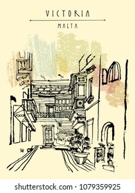 Mediterranean cityscape. Victoria, Gozo island, Malta, Europe. Narrow alley in the old city. Travel sketch of a cozy European town. Hand drawn touristic postcard, poster, book illustration in vector