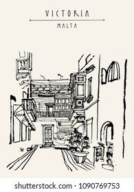 Mediterranean cityscape. Victoria, Gozo island, Malta, Europe. Narrow alley in the old city. Travel sketch of a cozy European town. Hand drawn touristic postcard, poster, book illustration in vector