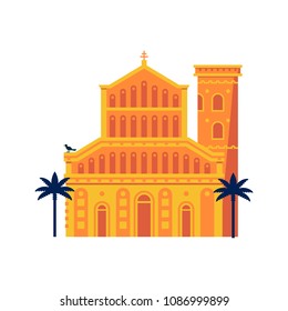 Mediterranean classic cathedral or church with side chapel. Isolated on white icon. Saint Mary Cathedral in Cagliari, Sardinia. Famous landmark on popular italian island, europe travel destination.