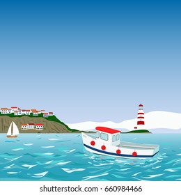 Mediterranean coast with town, ligthouse, motorboat, yacht vector illustration