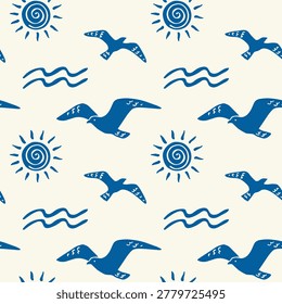 Mediterranean coastal doodle seamless vector pattern with suns, seagulls and waves in hand-drawn silhouette style. Minimal boho summer coastal design