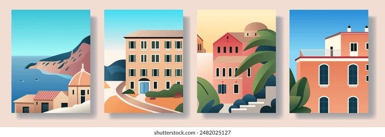 Mediterranean coastal townscape with colorful buildings sea view palm trees and mountains in modern flat style