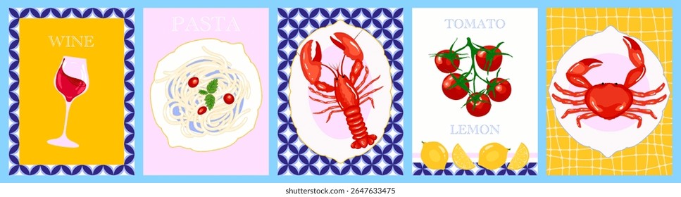  Set of Mediterranean colorful food elements themes poster, card or background design with wine, pasta, seafood, tomatoes, lemons and blue tiles Illustrations. Italian food, culture, and travel themed