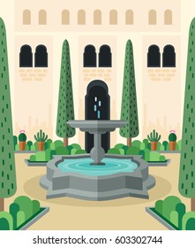 Mediterranean courtyard. Abstract idyllic scenery of backyard with streaming fountain and inner garden. Traditional Moorish architecture wall. Flat design vector illustration.
