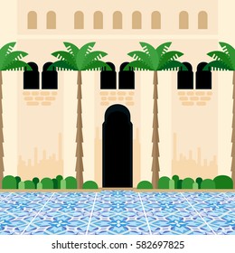 Mediterranean courtyard. Abstract scenery of traditional backyard with blue tiled floor. Inner garden with palms and classic Moorish architecture wall. Flat design vector illustration.