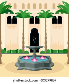 Mediterranean courtyard idyllic scenery. Traditional backyard with ancient fountain and pink lotuses. Inner garden with palms and classic Moorish architecture wall. Flat design vector illustration.