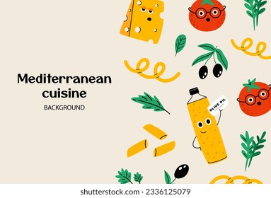 Mediterranean cuisine background. Cartoon food characters. Vegetables, fruits, berries, products. Flat vector hand drawn illustration.