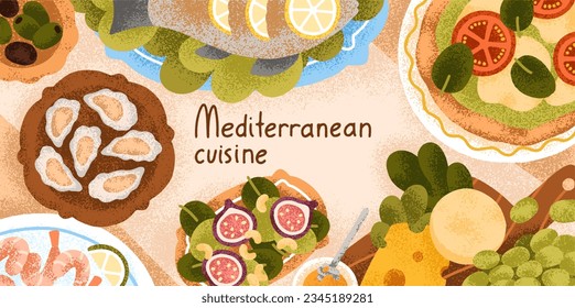 Mediterranean cuisine background. Sea food, Italian pizza, snacks on restaurant banner design. Seafood eating, appetizers, starters, oysters served on table, top view. Flat vector illustration