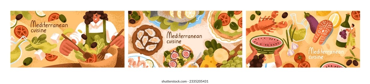 Cocina mediterránea, cartas puestas. comida italiana y española, dieta. Marisco, pescado, aperitivo, tentempiés en el restaurante, pizza, ensalada de verduras, comida fresca saludable, diseños de carteles. Ilustraciones vectoriales planas