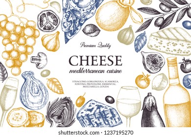 Mediterranean cuisine design. Hand sketched food and drinks illustrations. Vintage cheese, fruits, vegetables, wine drawings. Dairy products frame on white background. Restautant menu template.