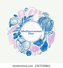 Mediterranean Cuisine Design Template. Vector Hand Drawn Healthy Food Banner. Vintage Style Menu Illustration.