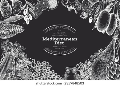Mediterranean Cuisine Design Template. Vector Hand Drawn Healthy Food Banner. Vintage Style Menu Chalk Board Illustration.