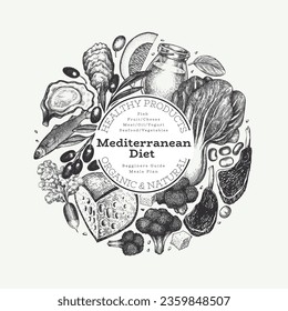 Mediterranean Cuisine Design Template. Vector Hand Drawn Healthy Food Banner. Vintage Style Menu Illustration.