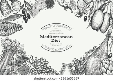 Vorlage für mediterrane Küche. Vektor Hand gezeichnet gesunde Lebensmittel Banner. Vintage Style Menu Illustration.