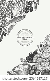 Mediterranean Cuisine Design Template. Vector Hand Drawn Healthy Food Banner. Vintage Style Menu Illustration.