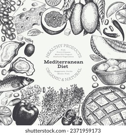 Mediterranean Cuisine Design Template. Vector Hand Drawn Healthy Food Banner. Vintage Style Menu Illustration.